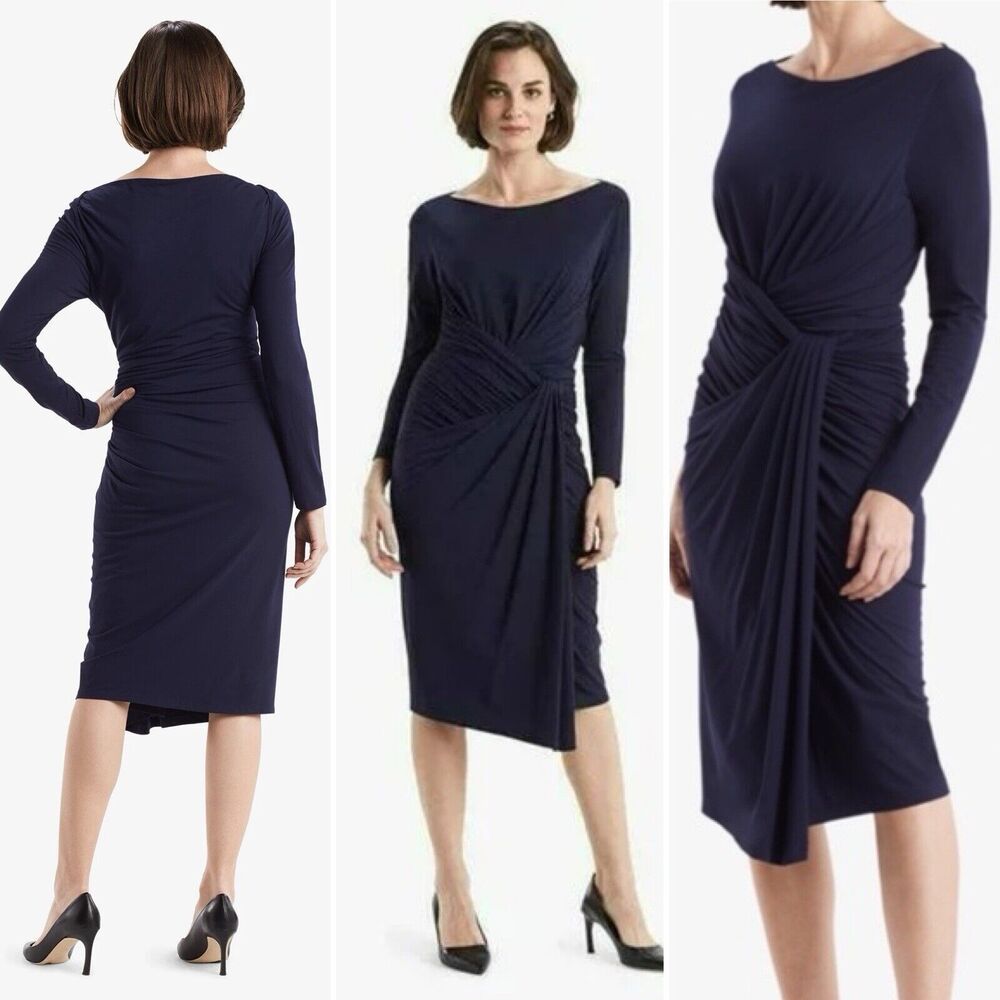 MM Lafleur Midi Dress Blue Boat Neck Long Sleeve Flattering Career L